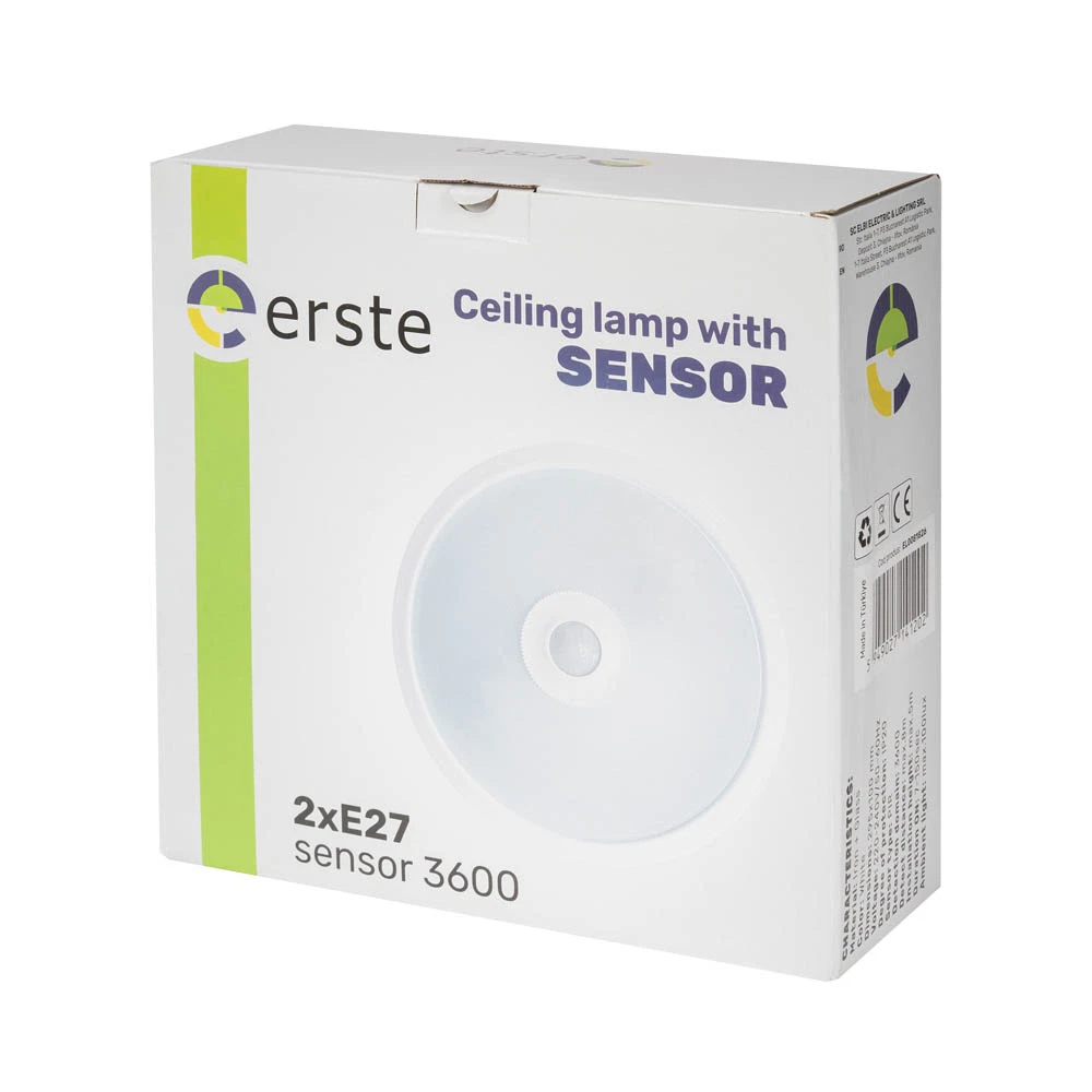 Plafoniera Erste cu Senzor PIR 360°, 2xE27, IP20, Alb, fara becuri incluse [4]
