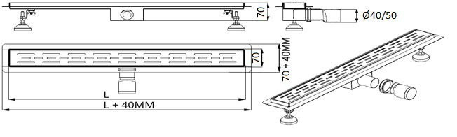 Rigola de dus Ermetiq CLASSIC NEGRU din inox 500 x 70 mm, gratar negru mat, evacuare Ø40/50 mm, VEN-S507AN [5]