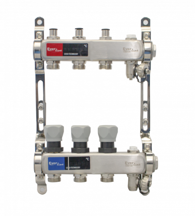 Set distribuitor inox Everpro 1", 3 căi, cu aerisitor manual și robinet de golire [2]