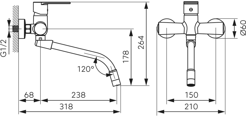Baterie perete lavoar spalator Algeo crom cu pipa elastica neagra monocomanda [1]