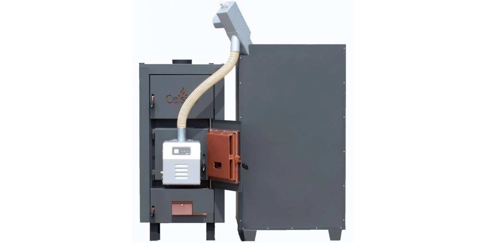 Cazan pe biomasa nelemnoasa CELSIUS Combi, 50–56 kW, otel, functionare pe lemn si peleti, eficienta 88–92% [2]