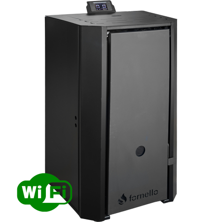 Cazane pe combustibil solid - Centrala pe peleti Fornello EVA B Black 30 kW, Wi-Fi, pompa, vas expansiune, buncar 40 kg, tiraj fortat, pentru 200 mp