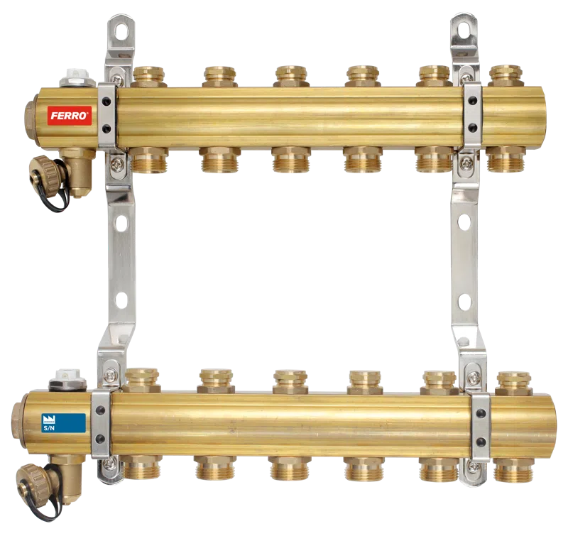 Distribuitoare - Distribuitor/colector 1" din alama, 12 circuite 3/4", cu ventile de inchidere