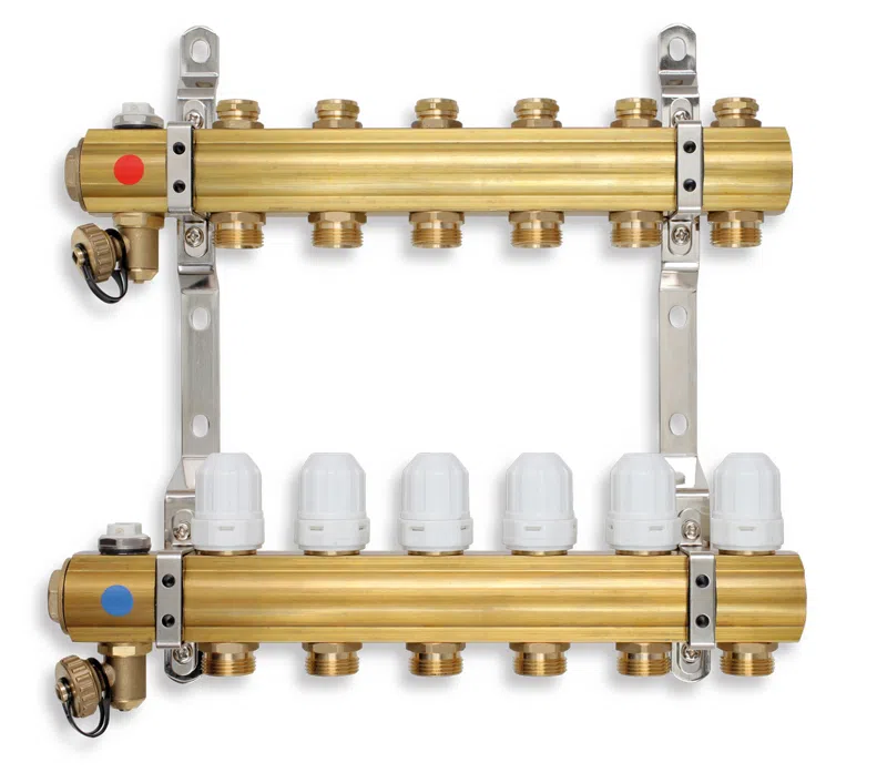 Distribuitoare - Distribuitor/colector 1" din alama, 2 circuite 3/4", cu robineti termostatati si ventile de inchidere