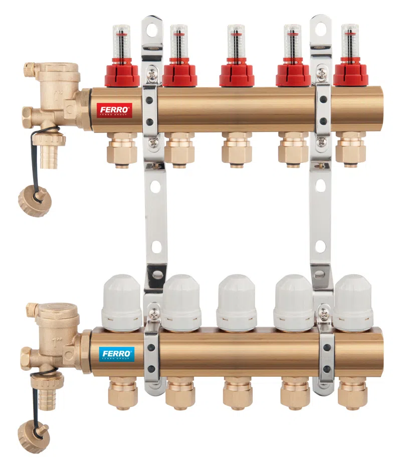 Distribuitoare - Distribuitor/colector 1" din alama, 2 circuite, cu debitmetre, robineti termostatati si racorduri pentru teava multistrat