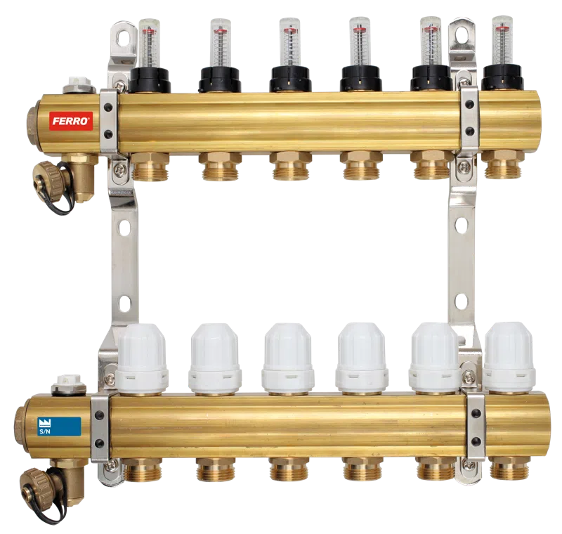 Distribuitoare - Distribuitor/colector 1" din alama, 3 circuite 3/4", cu debitmetre, robineti termostatati si robineti olandezi