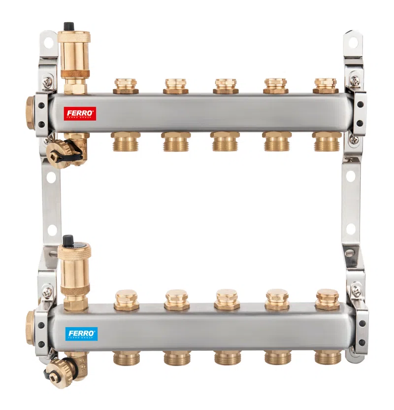 Distribuitoare - Distribuitor/colector 1" din inox, 11 circuite, cu ventile de inchidere