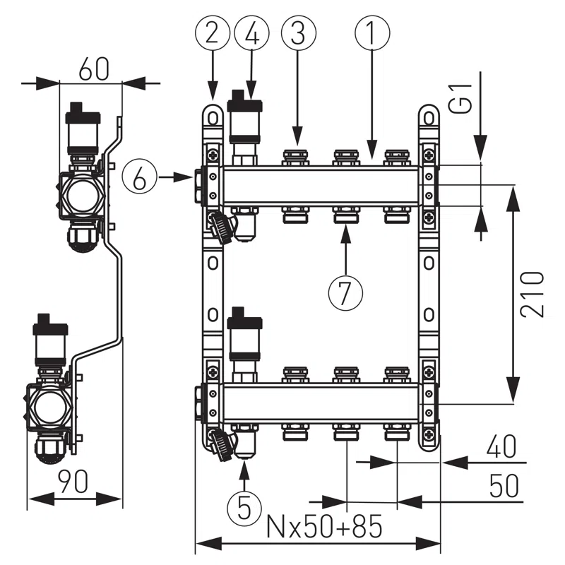 Distribuitor/colector 1" din inox, 11 circuite, cu ventile de inchidere [1]