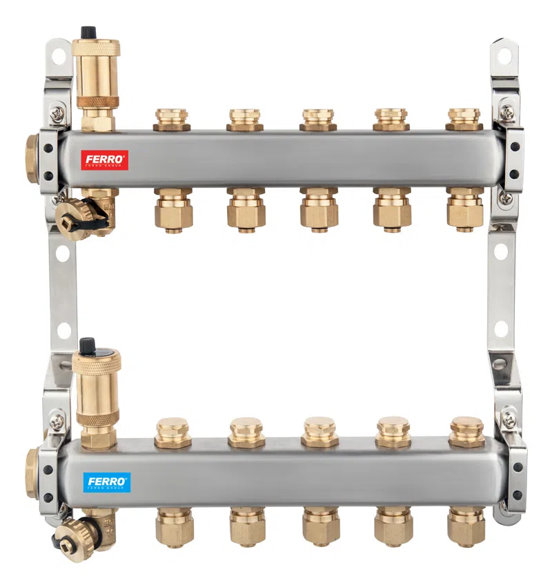 Distribuitoare - Distribuitor/colector 1" din inox, 4 circuite, cu ventile de inchidere