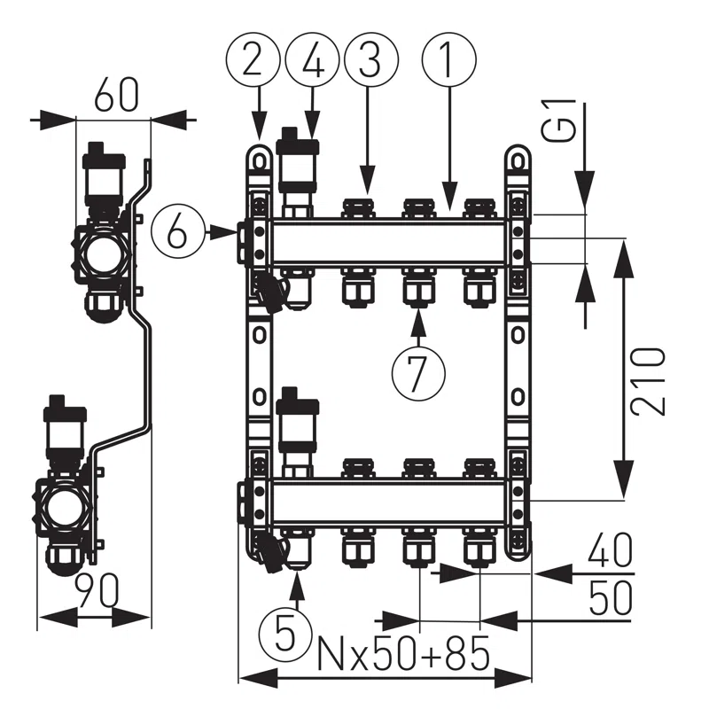 Distribuitor/colector 1" din inox, 6 circuite, cu ventile de inchidere [1]