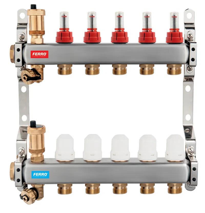 Distribuitoare - Distribuitor/colector 1" din inox, 7 circuite, cu debitmetre si robineti termostatati