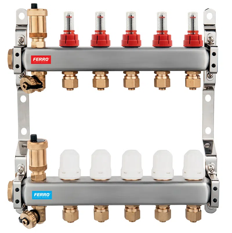 Distribuitoare - Distribuitor/colector 1" din inox, 7 circuite, cu debitmetre si robineti termostatati