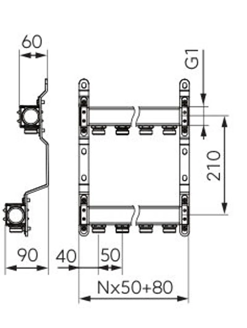 Distribuitor/colector F-COMFORT 1" din inox, 2 circuite, cu racorduri 3/4" [1]