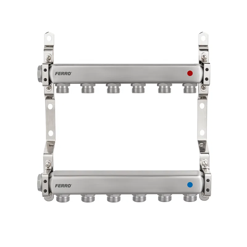 Distribuitoare - Distribuitor/colector F-COMFORT 1" din inox, 6 circuite, cu racorduri 3/4"