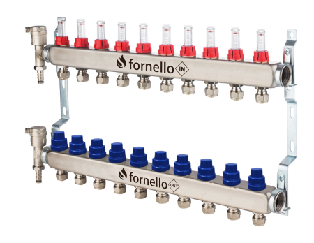 Incalzire in pardoseala - Distribuitor-Colector Fornello 10 căi, inox, 1", cu debitmetre, robineți și aerisitoare