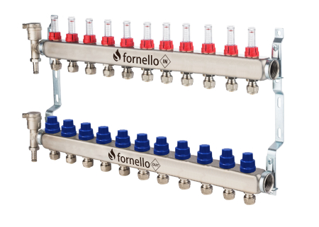 Incalzire in pardoseala - Distribuitor-Colector Fornello 11 căi, inox, 1", cu debitmetre, robineți și aerisitoare