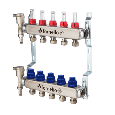 Distribuitor-Colector Fornello 5 căi, inox, 1", cu debitmetre, robineți și aerisitoare [0]