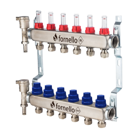 Incalzire in pardoseala - Distribuitor-Colector Fornello 6 căi, inox, 1", cu debitmetre, robineți și aerisitoare, filet interior