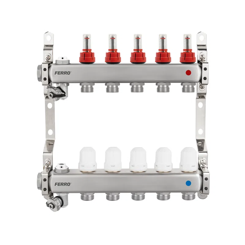 Distribuitoare - Distribuitor inox F-COMFORT cu debitmetre, supape termostatice si supapa de aerisire manuala, 2 circuite
