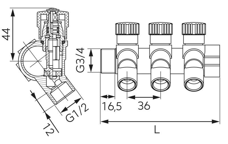 Distribuitor sanitar modular 3/4" x 1/2", 3 circuite [1]