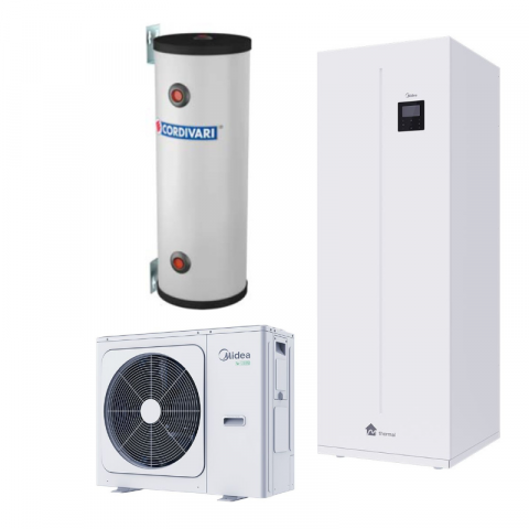 Pompe de caldura - Pachet pompa de caldura aer-apa, split, Midea, 10 kW, incalzire/racire/ACM, tip hidrotank 190L + acumulator 50L, 220V