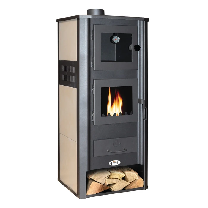 Seminee - Semineu pe lemne, carbune, din otel + fonta, Ferroli Mirano C, cu cuptor, negru + bej, 12.1 kW, 3.2 kg/h - LS0C2115
