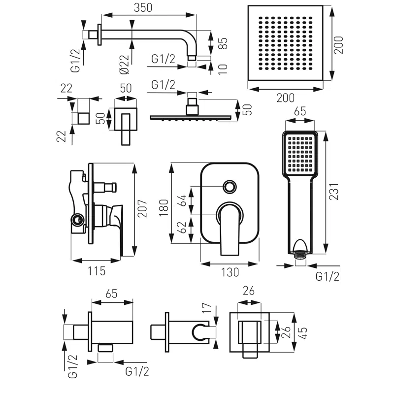 Set 5 in 1 Square crom BAQ7P baterie ingropata dus cu cap dus fix metalic [1]