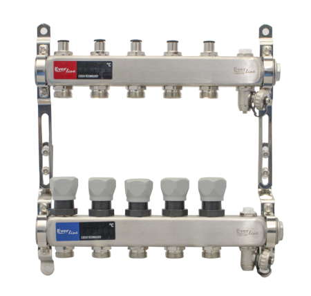 Incalzire in pardoseala - Set distribuitor INOX Everpro 1", 5 căi, cu aerisitor manual și robinet de golire