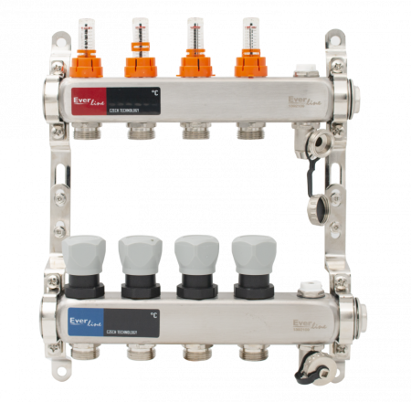 Set distribuitor INOX Everpro 1", 4 căi, cu debitmetre, aerisitor manual și robineți de golire [0]
