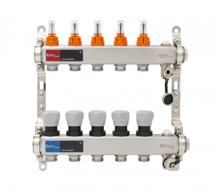 Incalzire in pardoseala - Set distribuitor INOX Everpro 1", 5 căi, cu debitmetre, aerisitor manual și robineți de golire