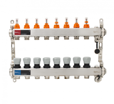Incalzire in pardoseala - Set distribuitor inox Everpro 1" – 8 căi, cu debitmetre, aerisitor manual și robineți de golire