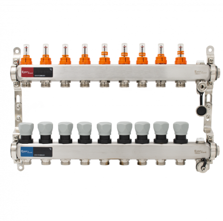 Incalzire in pardoseala - Set distribuitor inox Everpro 1", 9 căi, cu debitmetre, aerisitor manual și robineți de golire