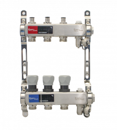 Set distribuitor inox Everpro 1", 3 căi, cu aerisitor manual și robinet de golire [1]
