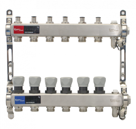 Incalzire in pardoseala - Set distribuitor INOX Everpro 1" – 6 căi, cu aerisitor manual și robinet de golire