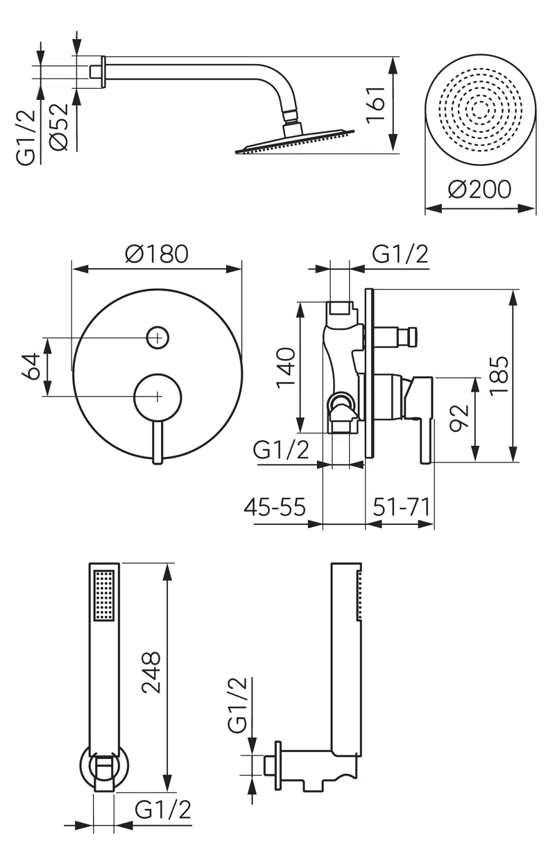 Set dus incastrat 5 in 1 Circulus crom cu baterie ingropata, cap dus fix si para dus [1]