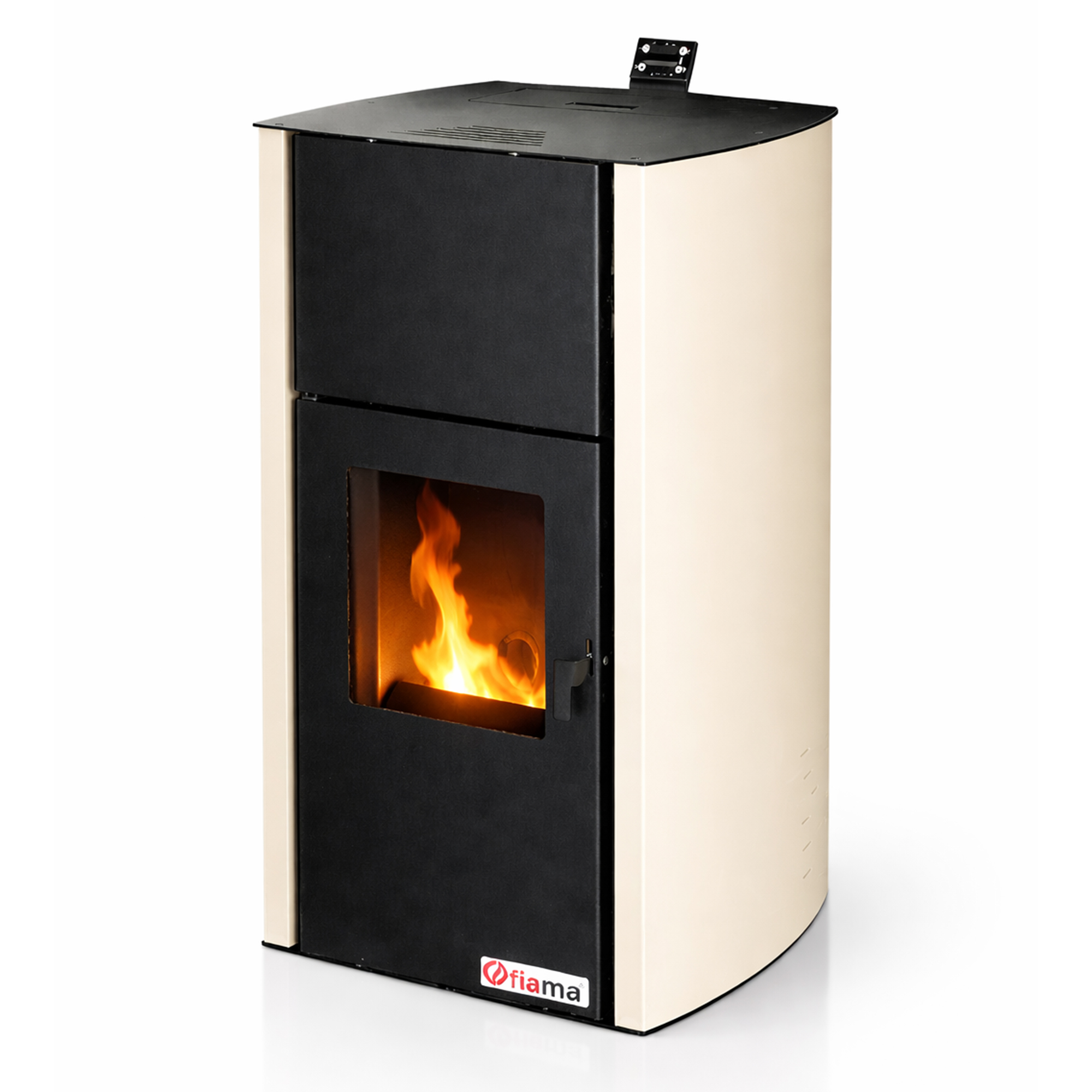 Cazane pe combustibil solid - Termoșemineu pe peleți Fornello Fiama Confort Crem 25 kW cu pompă, vas de expansiune și automatizare