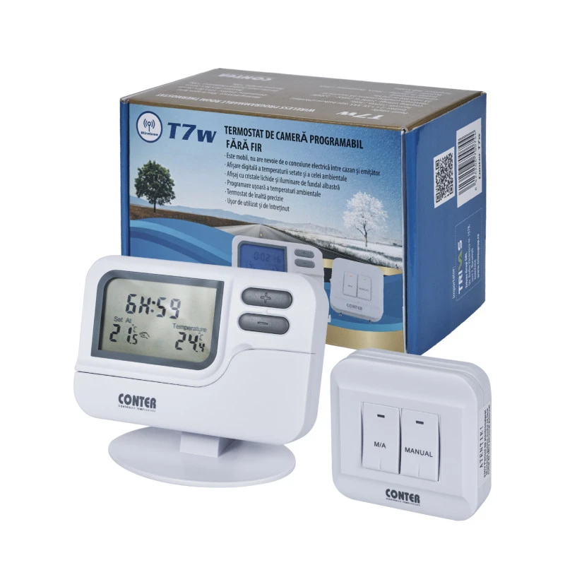 Termostate si controlere - Termostat electronic digital fara fir CONTER T7W, wireless, programabil, pentru centrala termica