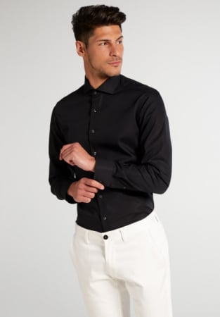 Slim Fit - Camasa neagra, slim fit, pentru barbati, 100% bumbac, maneca lunga, model 1100/39 F182 Eterna