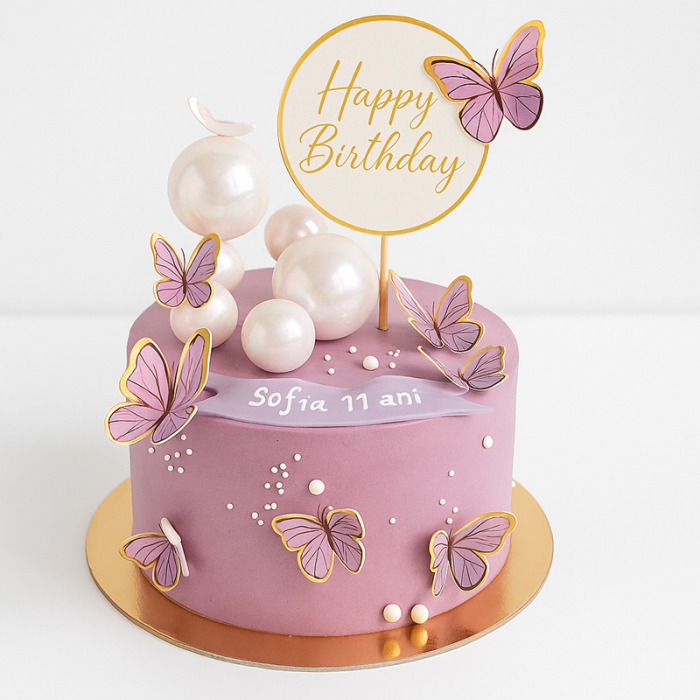 Tort in frosting fluturi mov si topper happy Birthday [1]