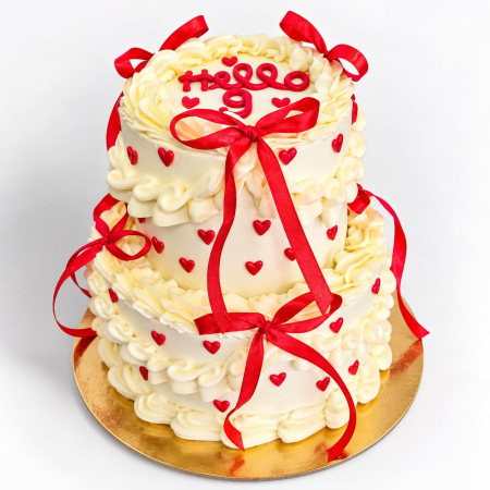 Torturi copii - Tort in frosting cu etaj si fundite rosii