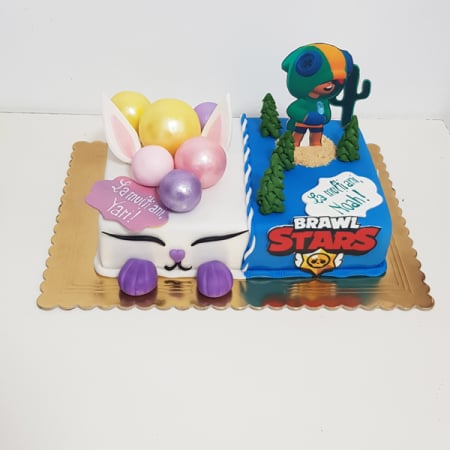 Torturi in pasta de zahar pentru baietei - Tort 2 teme, brawl stars, pisicute