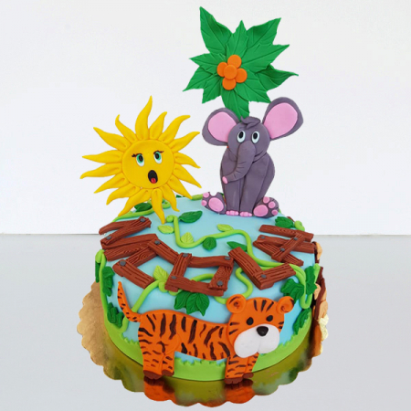 Torturi in pasta de zahar pentru fetite - Tort animalute jungla 2D si soare stralucitor