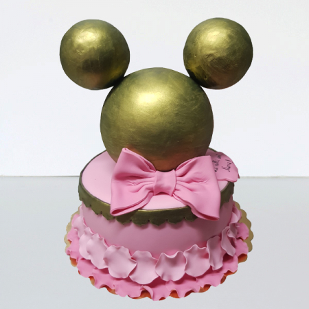 Torturi in pasta de zahar pentru fetite - Tort capul lui Minnie Mouse auriu