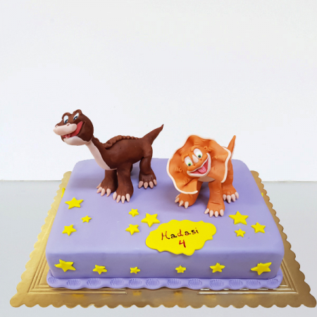Torturi in pasta de zahar pentru fetite - Tort cu dinozauri simpatici pe mov