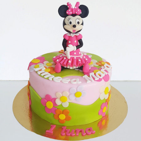 Torturi in pasta de zahar pentru fetite - Tort cu Minnie Mouse si flori mari