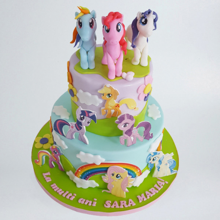 Torturi in pasta de zahar pentru fetite - Tort cu personaje Pony si personaje 2D