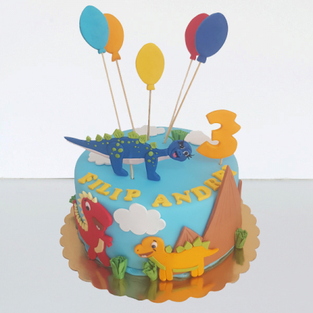 Torturi in pasta de zahar pentru fetite - Tort cu Baby dino si balonase