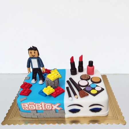 Torturi in pasta de zahar pentru fetite - Tort 2 teme Roblox si make up