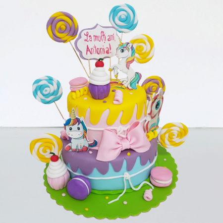 Torturi in pasta de zahar pentru fetite - Tort etaj colorat si Pony 2D