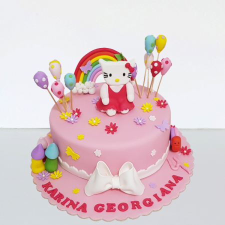 Torturi in pasta de zahar pentru fetite - Tort Hallo Kitty cu balonase